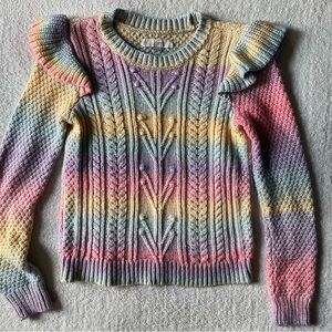 Pastel Rainbow Cable Knit Sweater, LOFT, Women’s Sz Small. Shoulder Ruffle